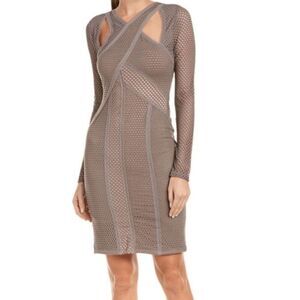 NWT BCBGMaxAzria Jaylynn Mesh Patchwork Dress Taupe Brown Bodycon Sexy Size XXS
